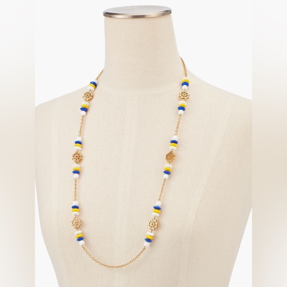 Talbots Driftaway Layering Necklace Yellow, White, and Blue Beads on Gold Chain